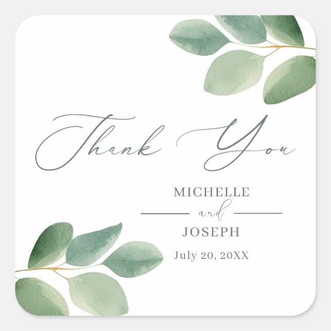 Sticker Carré Mariage Eucalyptus Sage Vert Aquarelle (Devant)