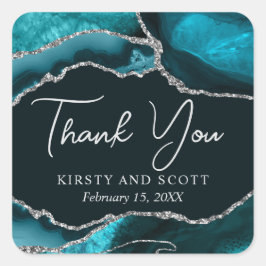 Sticker Carré Mariage Faux Paillettes Agate Bleu Vert et Argent
