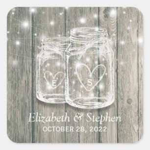 Sticker Carré Mariage Favor Rustic Bois Mason Jarres Éclairages 