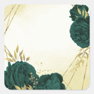 Sticker Carré Mariage fleuri en or vert émeraude