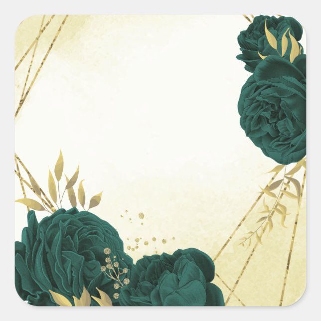 Sticker Carré Mariage fleuri en or vert émeraude (Devant)