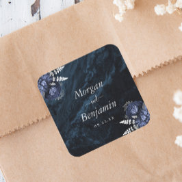 Sticker Carré Mariage Fleurs Argentées Bleu Nuit