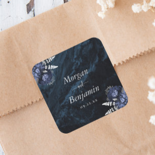 Sticker Carré Mariage Fleurs Argentées Bleu Nuit
