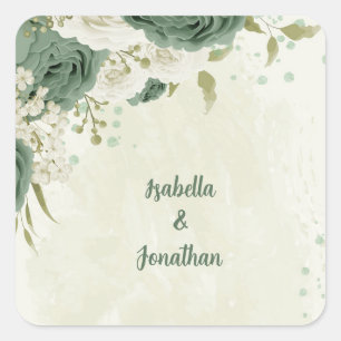 Sticker Carré mariage fleurs blanches vert sauge