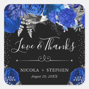 Sticker Carré Mariage Fleurs Bleu et Argent Aquarelle