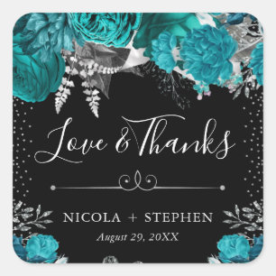 Sticker Carré Mariage Fleurs de Teinte et d'Argent à l'Aquarelle