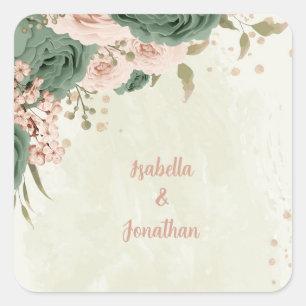 Sticker Carré mariage fleurs vert sauge