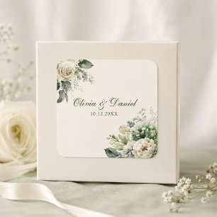Sticker Carré Mariage Fleurs Vert Sauge et Ivoire