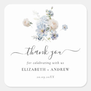 Sticker Carré Mariage Floral Aquarelle Bleu Poussiéreux Moderne