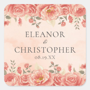 Sticker Carré Mariage Floral Aquarelle Corail Roses Chic Pêche