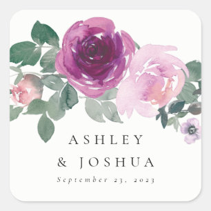 Sticker Carré Mariage floral aquarelle ivoire Touche rose magent