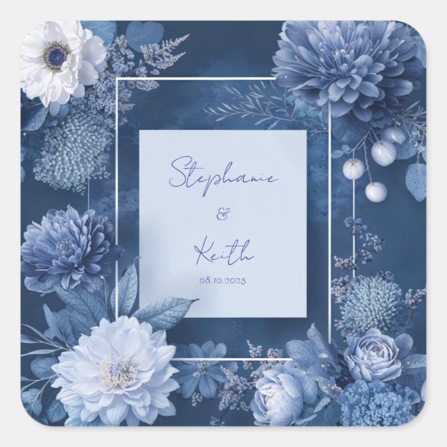 Sticker Carré Mariage floral bleu et blanc de la marine (Devant)
