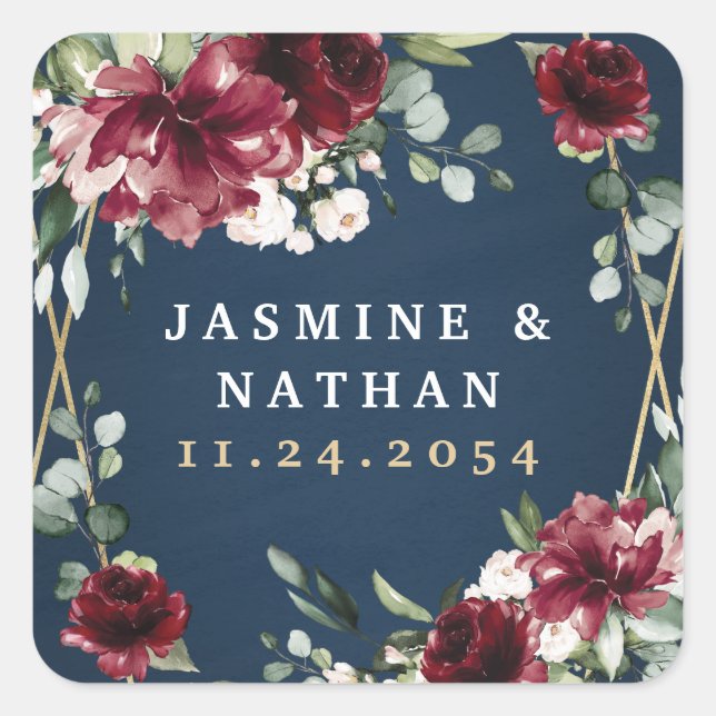 Sticker Carré Mariage floral bleu marine Bourgogne bleu rose (Devant)