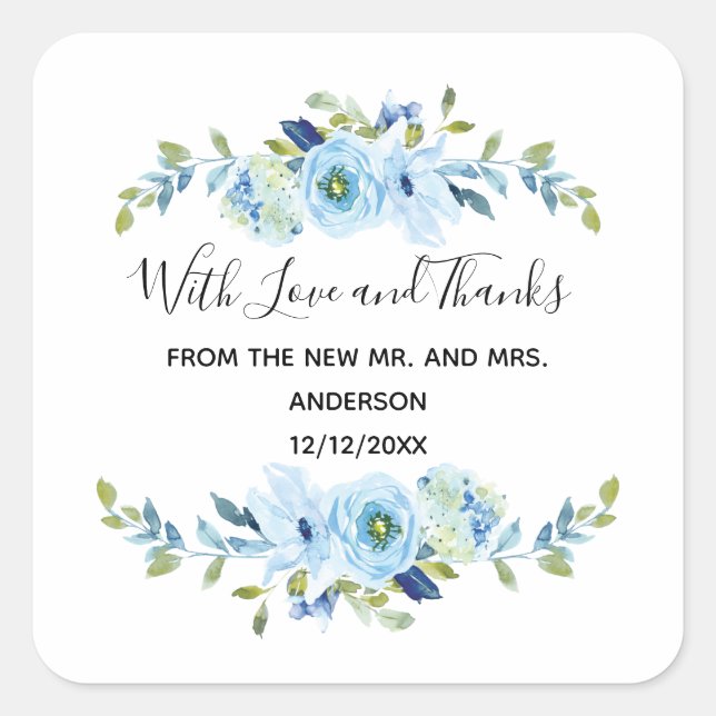 Sticker Carré Mariage floral bleu personnalisé Favoriser (Devant)