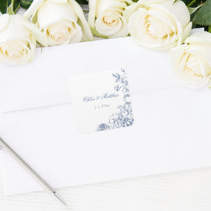 Sticker Carré Mariage Floral Bleu Poussiéreux Élégant Classique
