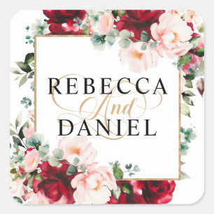 Sticker Carré Mariage floral Bourgogne et rose pâle