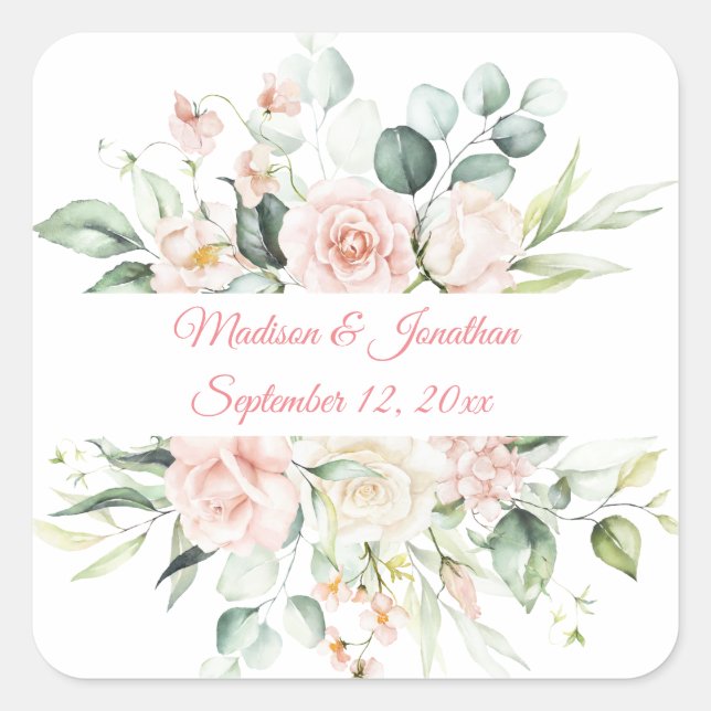 Sticker Carré Mariage Floral Élégant rose Chic Date Script (Devant)