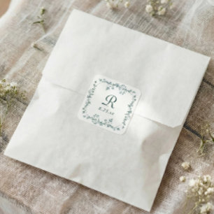 Sticker Carré Mariage Floral Français Émeraude Vert Monogramme