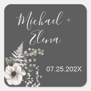Sticker Carré Mariage floral gris foncé et blanc