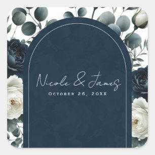 Sticker Carré Mariage floral moderne bleu foncé et blanc