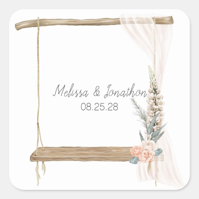 Sticker Carré Mariage floral moderne Boho rose élégant (Devant)
