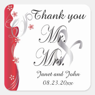 Sticker Carré Mariage floral moderne Rouge profond et argent