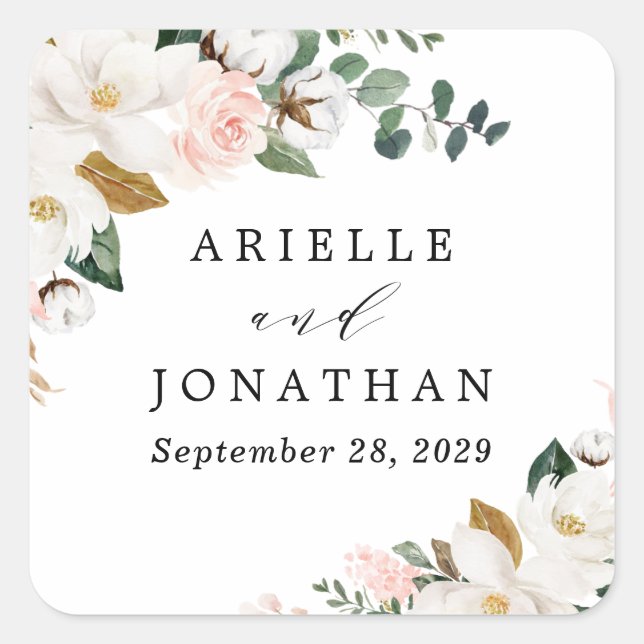 Sticker Carré Mariage floral rose et blanc Magnolia (Devant)