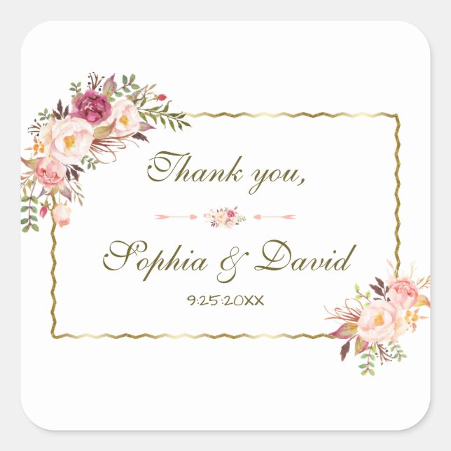 Sticker Carré Mariage floral rose rose brillant or (Devant)
