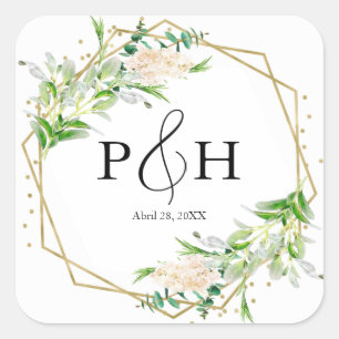 Sticker Carré Mariage géométrique à la verdure et monogramme à f