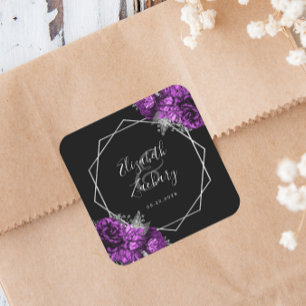 Sticker Carré Mariage Géométrique Argent Floral Violet Noir