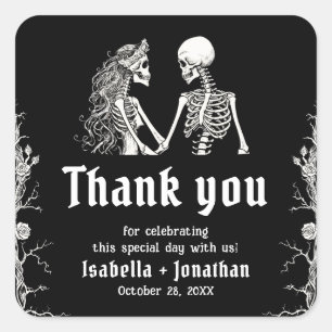 Sticker Carré Mariage gothique de squelette d'Halloween en noir 