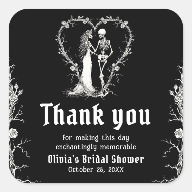 Sticker Carré Mariage gothique noir de squelette d'Halloween (Devant)