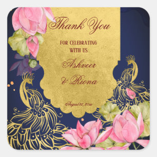 Sticker Carré Mariage indien bleu roi or paon lotus