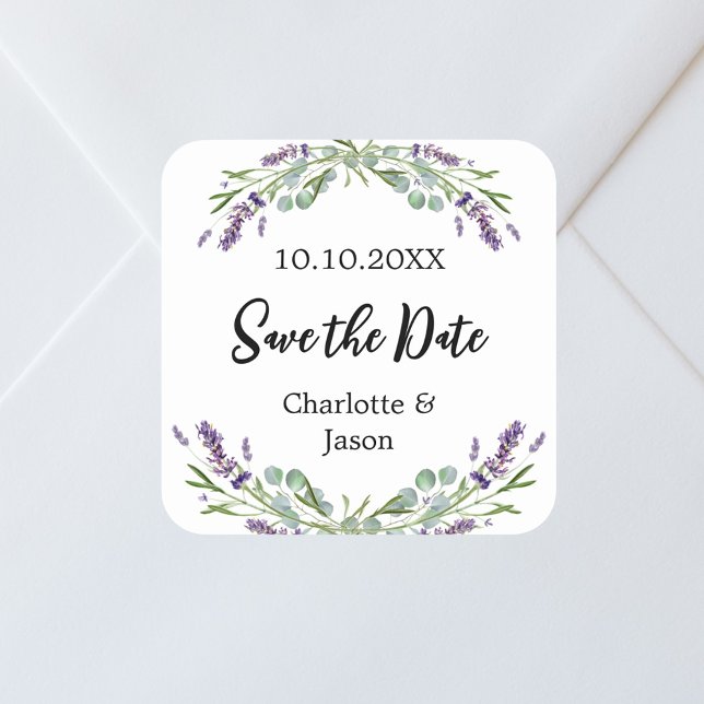 Sticker Carré Mariage Lavender eucalyptus Enregistrer la date (Créateur téléchargé)