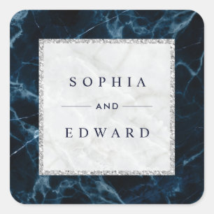 Sticker Carré Mariage Marbre blanc bleu marine