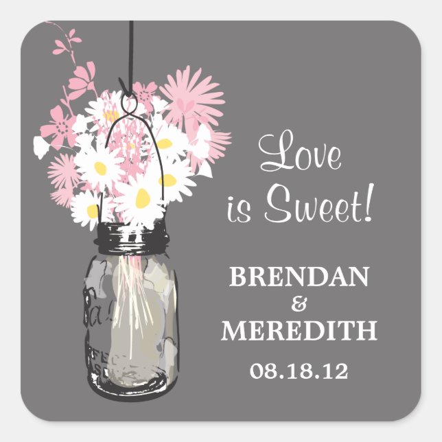 Sticker Carré Mariage Mason Jar et White Daisy (Devant)
