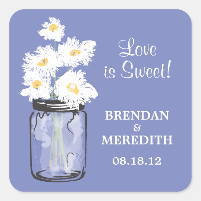 Sticker Carré Mariage Mason Jar et White Daisy (Devant)