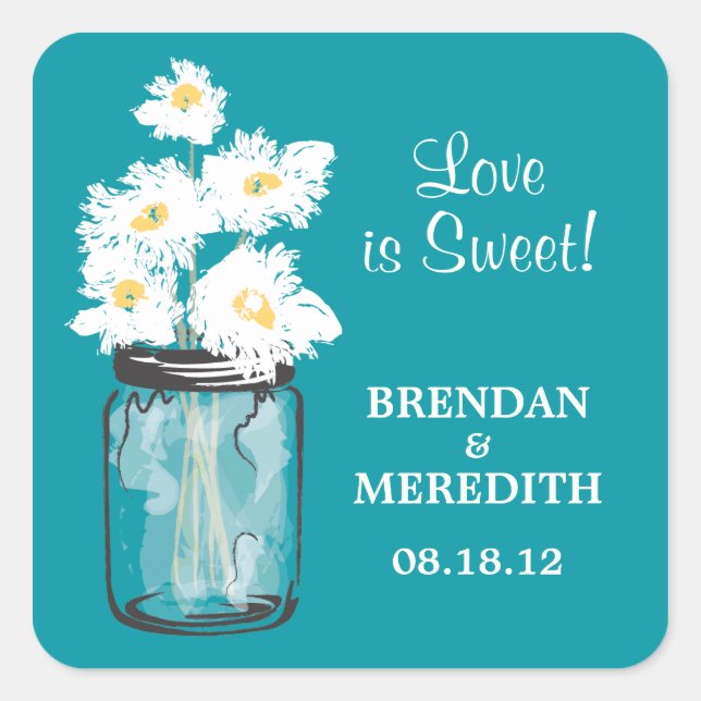 Sticker Carré Mariage Mason Jar et White Daisy (Devant)