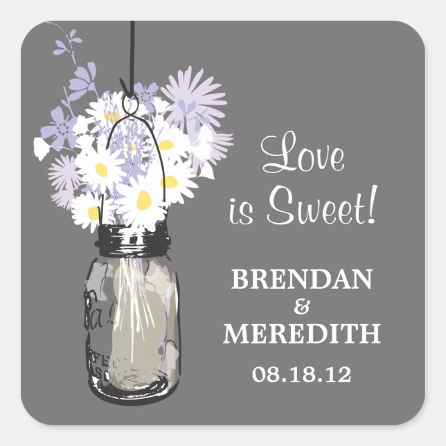Sticker Carré Mariage Mason Jar et White Daisy (Devant)