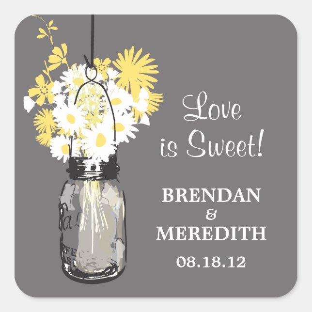 Sticker Carré Mariage Mason Jar et White Daisy (Devant)