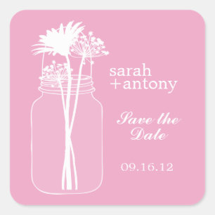 Sticker Carré Mariage Mason rose et Fleurs
