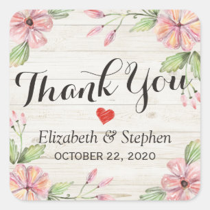 Sticker Carré Mariage Merci Aquarelle Fleurs Bois rustique