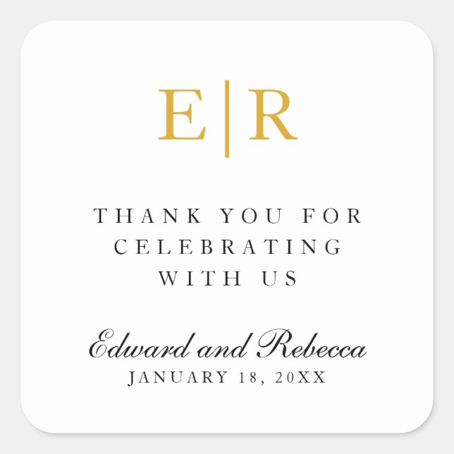 Sticker Carré Mariage Merci Elegant Gold Monogram (Devant)