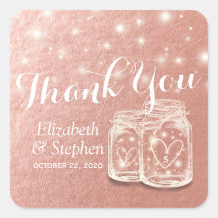 Sticker Carré Mariage Merci Mason Jar String Rose or