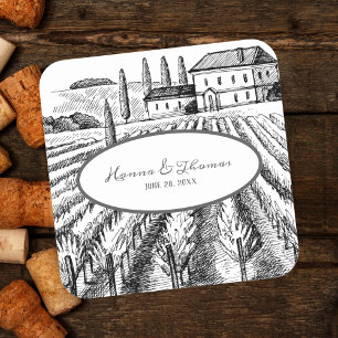Sticker Carré Mariage Minimaliste Esquisse Vintage Vignoble Doma