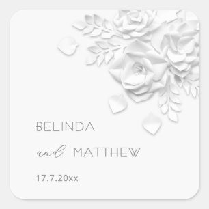 Sticker Carré Mariage minimaliste Fleurs Roses 3D Blanches