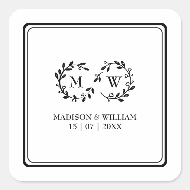 Sticker Carré Mariage moderne classique noir et blanc (Devant)
