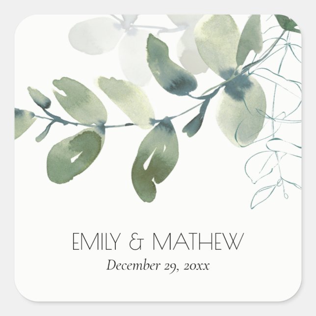 STICKER CARRÉ MARIAGE MODERNE VERT EUCALYPTUS FOLIAGE EAU COULEU (Devant)