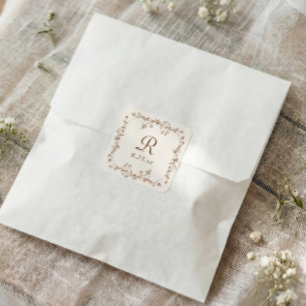 Sticker Carré Mariage Monogramme Brun Floral Vintage Français