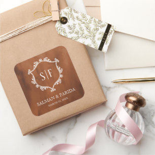 Sticker Carré Mariage Monogramme Crête Terracotta Rustique